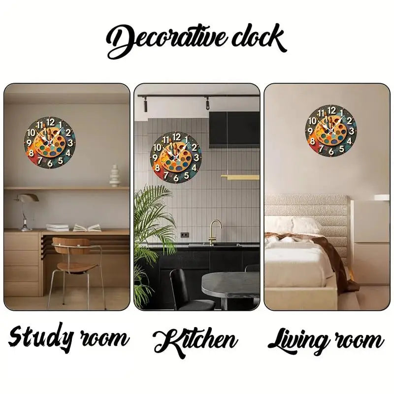 DIY 2D Flat Oil Painting Pattern Wooden Round Silent Wall Clock