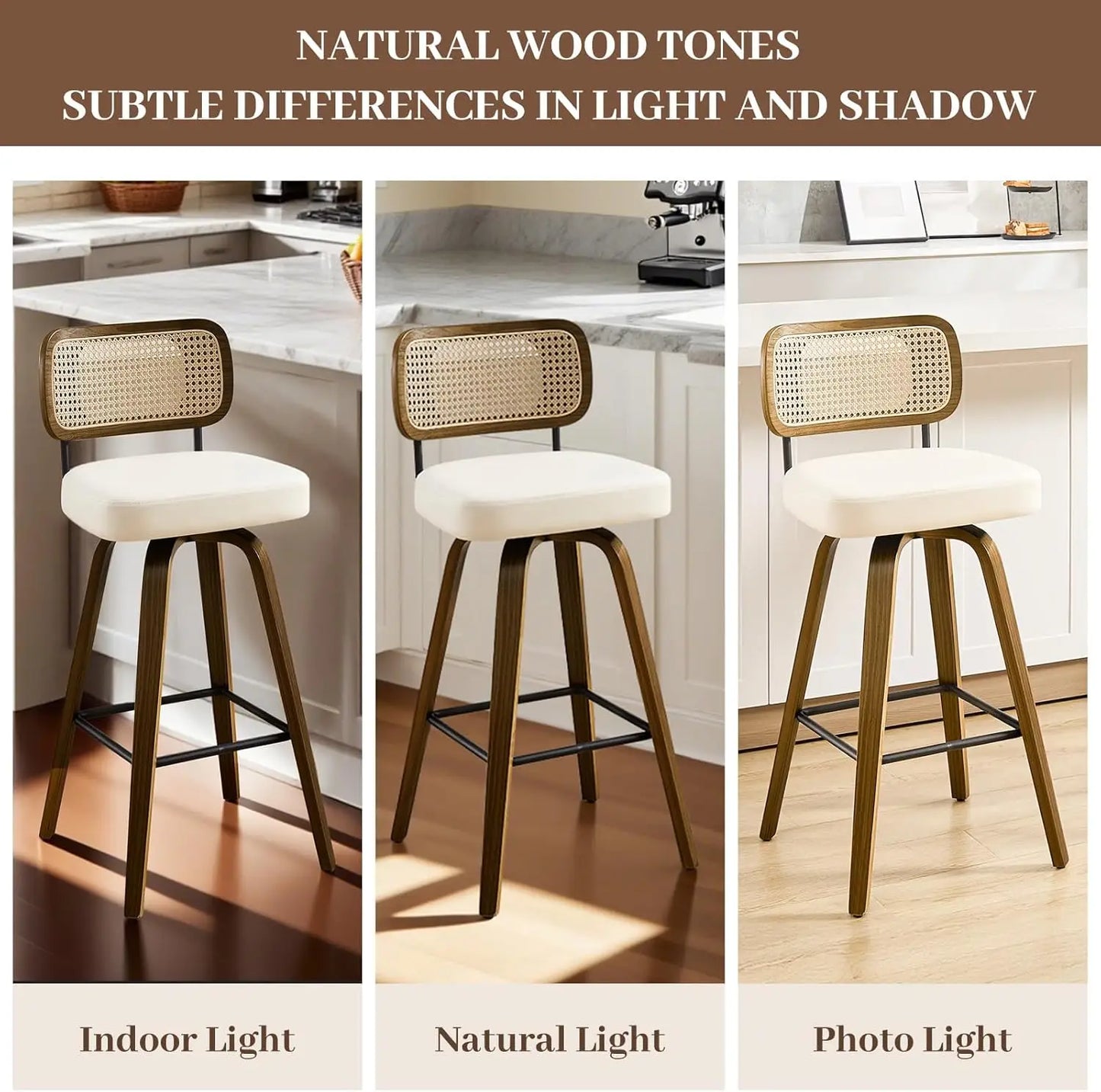 Swivel Bar Stools Set of 3 Upholstered Faux Leather Rattan