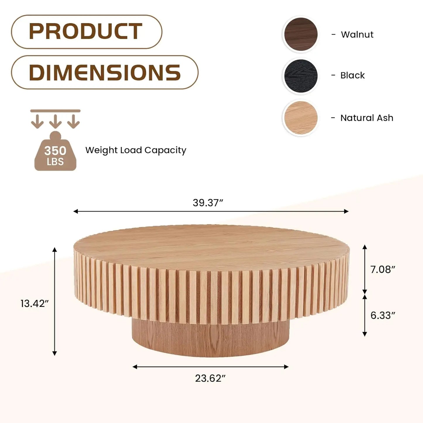 Oak Round Coffee Table Wood Modern Drum Fluted Circle