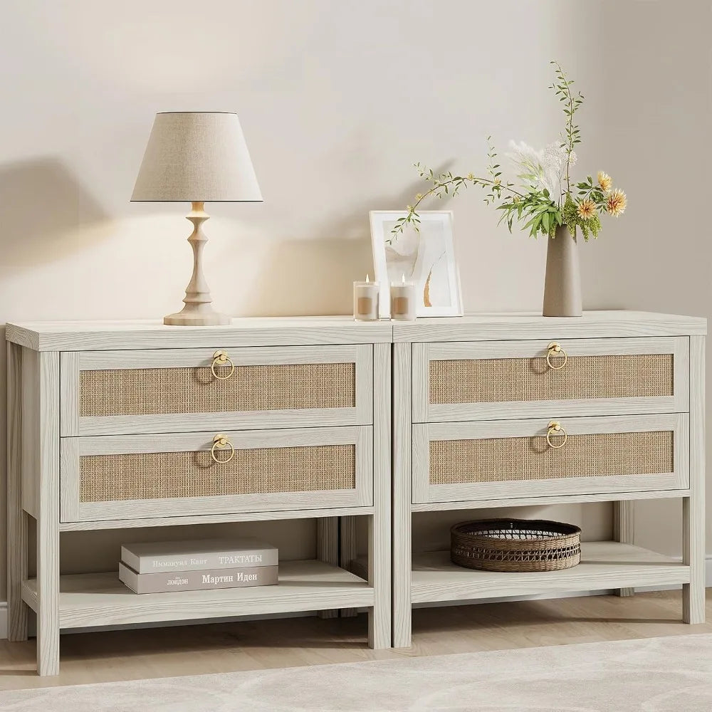 Rattan Nightstands Set of 2 Boho Style Bedroom End Tables